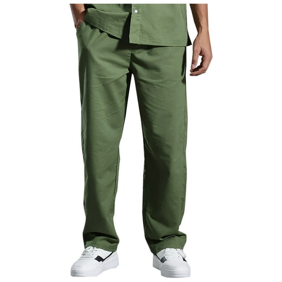 Lovskoo Cotton Linen Shorts for Men Solid Color Loose Straight Leg Oversized Casual Pants Green