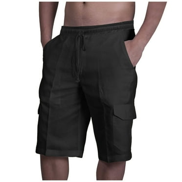 Lovskoo Cotton Linen Shorts for Men Summer Trendy Drawstring Elastic Solid Color Loose Beach Casual Shorts Black
