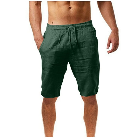 Lovskoo Cotton Linen Shorts for Men Trendy Casual Summer Solid Color Pockets High Waist Loose Drawstring Knee Lenght Pants Olive Green