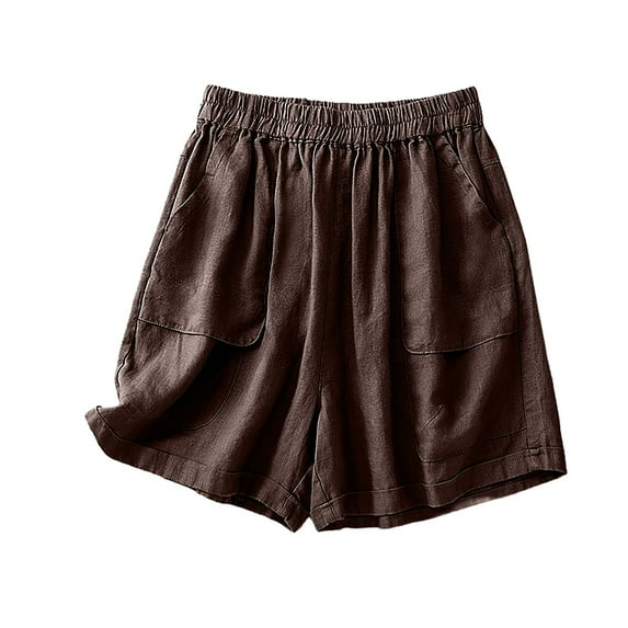 Lovskoo Cotton Linen Shorts for Women Knee Length Bermuda Shorts Solid Color Casual Loose Wide Leg Elastic Waist Pocket Shorts Coffee