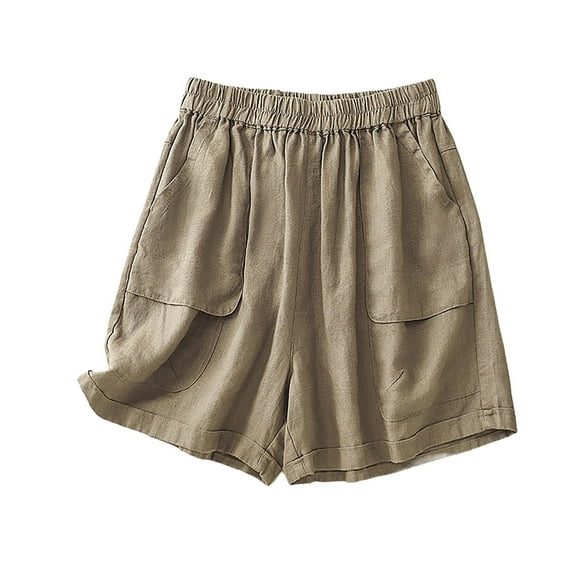 Lovskoo Cotton Linen Shorts for Women Knee Length Bermuda Shorts Solid Color Casual Loose Wide Leg Elastic Waist Pocket Shorts Khaki