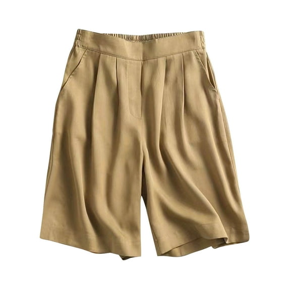 Lovskoo Cotton Linen Shorts for Women Knee Length Bermuda Shorts Trendy Casual Solid Color Loose Straight Wide Leg Half Shorts with Pocket Khaki