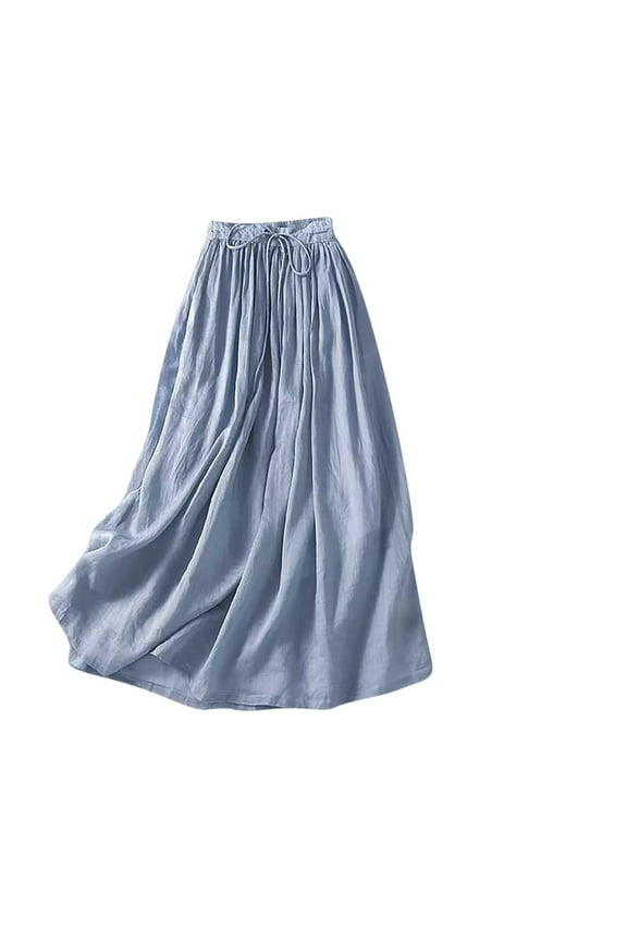 Cotton Linen Skirts for Women 2025 Summer A-Line Elastic Waist Front Strap Solid Color Skirt Embroidery Vintage Midi Skirts Blue
