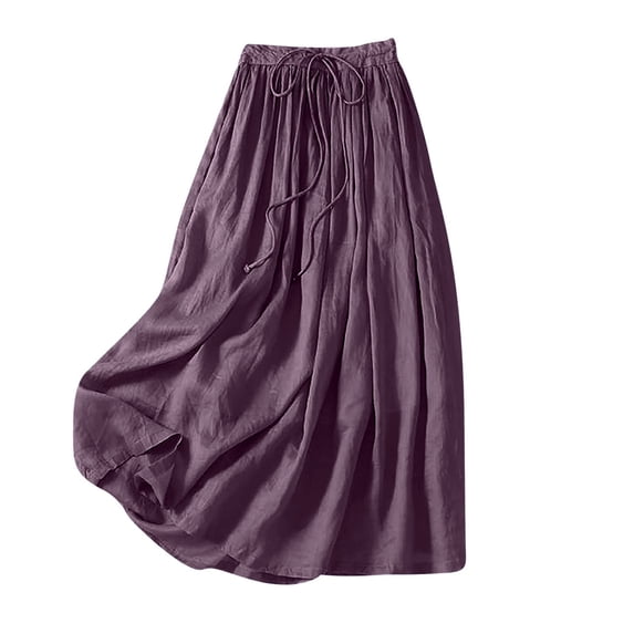 Lovskoo Cotton Linen Skirts for Women Summer A-Line Elastic Waist Front Strap Solid Color Skirt Embroidery Vintage Midi Skirts Purple