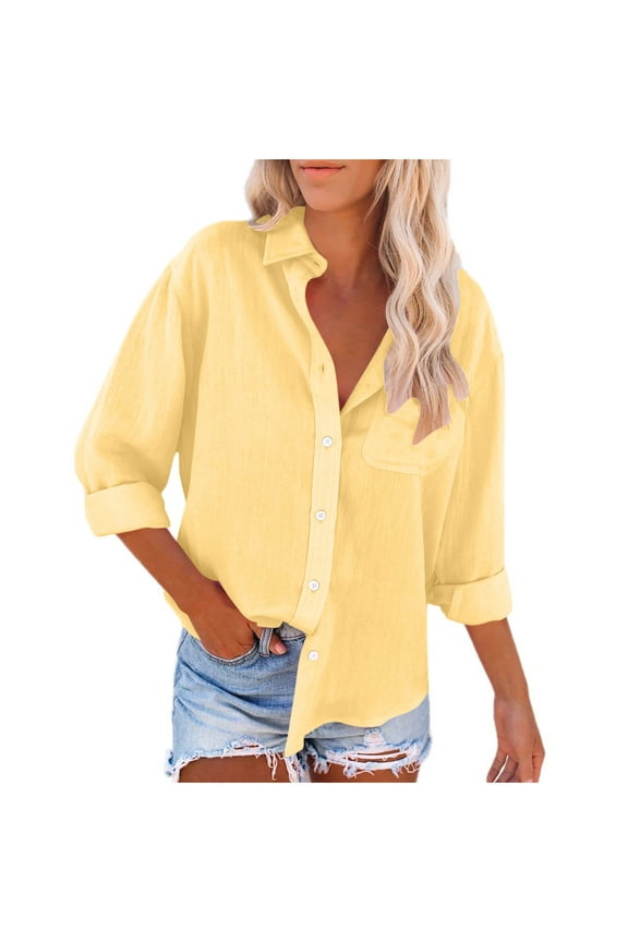 Cotton Linen Summer Tops for Women 2024 Button Down Collared Long Sleeve Solid Color Button Shirts Loose Blouse Casual Work Tunic Tops with Pocket Yellow