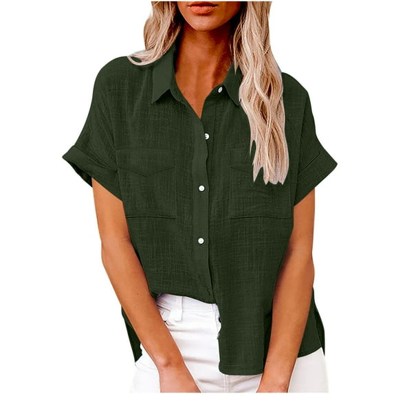 Lovskoo Cotton Linen Summer Tops for Women 2024 Button Down Collared Short Sleeve Tops Trendy Solid Color Button Shirt Lapel Loose T Shirt Blouse Olive Green