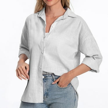 Lovskoo Cotton Linen Summer Tops for Women 2024 Button Down Collared 3/4 Sleeve Solid Color Shirt Large Cuffs Loose Spring Tops Gray