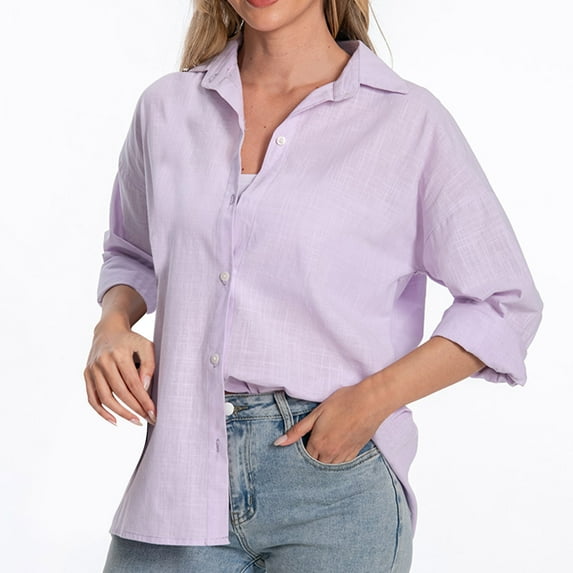 Lovskoo Cotton Linen Summer Tops for Women 2024 Button Down Collared 3/4 Sleeve Solid Color Shirt Large Cuffs Loose Spring Tops Purple