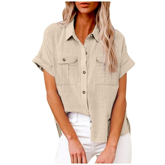 Lovskoo Cotton Linen Summer Tops for Women 2024 Button Down Collared Short Sleeve Solid Color Loose Blouse Casual Work Tunic Tops with Pocket Beige