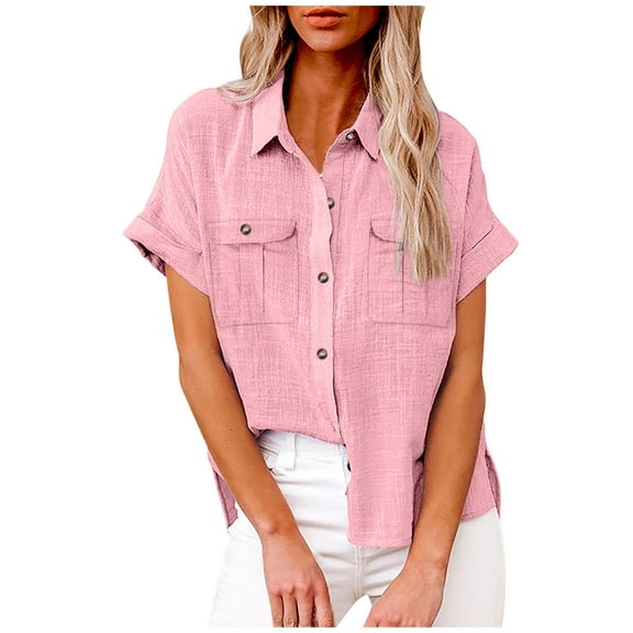 Lovskoo Cotton Linen Summer Tops for Women 2024 Button Down Collared Short Sleeve Solid Color Loose Blouse Casual Work Tunic Tops with Pocket Pink