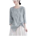 thumbnail image 1 of Lovskoo Cotton Linen Summer Tops for Women 2024 Round Neck 3/4 Sleeve Spring Casual Buttons Solid Color Blouse Loose Tops Green, 1 of 5