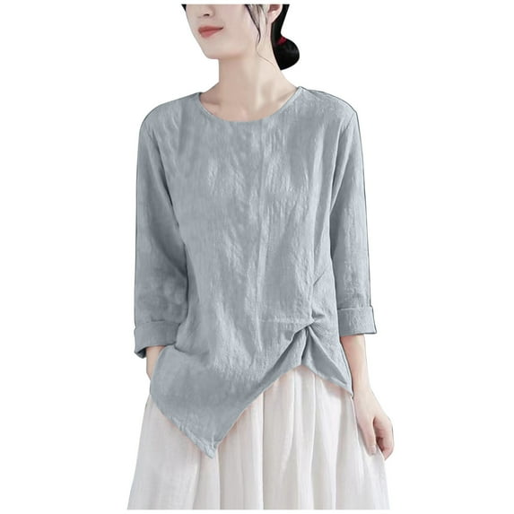 Lovskoo Cotton Linen Summer Tops for Women 2024 Round Neck 3/4 Sleeve Spring Casual Buttons Solid Color Blouse Loose Tops Green