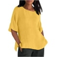 thumbnail image 1 of Lovskoo Cotton Linen Summer Tops for Women 2024 Round Neck Half Sleeve Solid Color Loose Blouse Casual Work Shirt Tunic Tops Yellow, 1 of 6