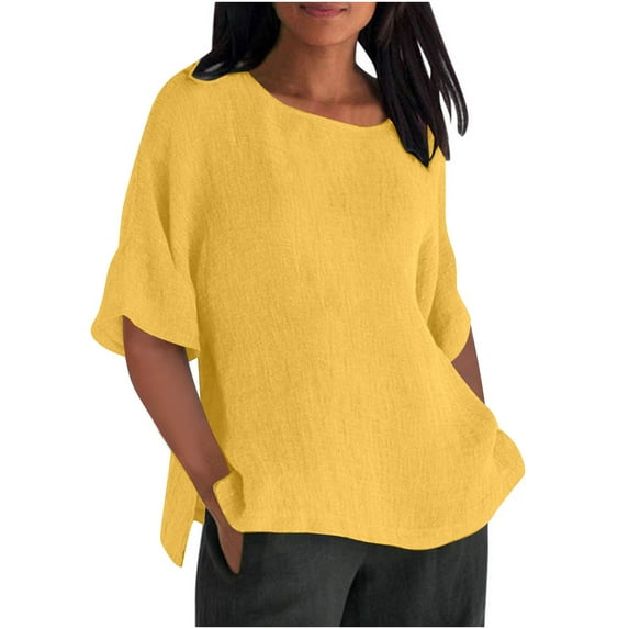 Lovskoo Cotton Linen Summer Tops for Women 2024 Round Neck Half Sleeve Solid Color Loose Blouse Casual Work Shirt Tunic Tops Yellow