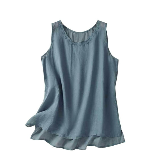 Lovskoo Cotton Linen Summer Tops for Women 2024 Round Neck Short Sleeve Loose Solid Color Shirt Loose Slim Top Shirt Blue