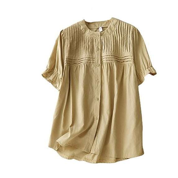 Lovskoo Cotton Linen Summer Tops for Women 2024 Round Neck Short Sleeve Solid Color Trendy Pleated Button Up Shirt Top Shirt Khaki