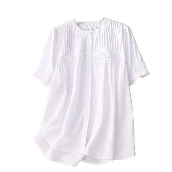 Lovskoo Cotton Linen Summer Tops for Women 2024 Round Neck Short Sleeve Solid Color Trendy Pleated Button Up Shirt Top Shirt White