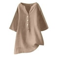 thumbnail image 1 of Lovskoo Cotton Linen Summer Tops for Women 2024 V Neck Half Sleeve Solid Color Loose Tops Shirt Coffee, 1 of 4