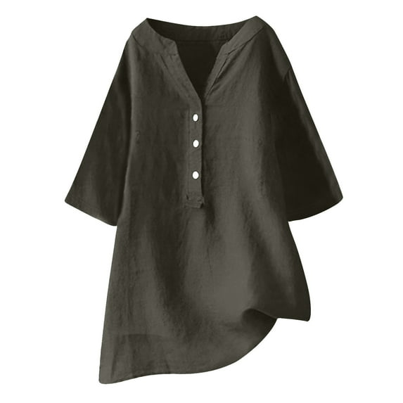 Lovskoo Cotton Linen Summer Tops for Women 2024 V Neck Half Sleeve Solid Color Loose Tops Shirt Dark Gray