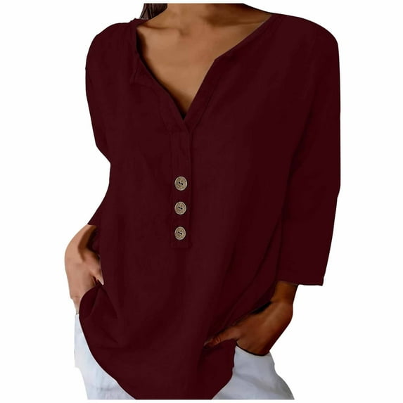 Lovskoo Cotton Linen Summer Tops for Women 2024 V Neck Long Sleeve Loose Slim Solid Color Top Burgundy