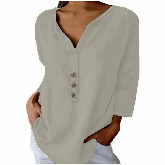 Lovskoo Cotton Linen Summer Tops for Women 2024 V Neck Long Sleeve Loose Slim Solid Color Top Gray