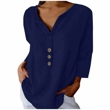 Lovskoo Cotton Linen Summer Tops for Women 2024 V Neck Long Sleeve Loose Slim Solid Color Top Navy