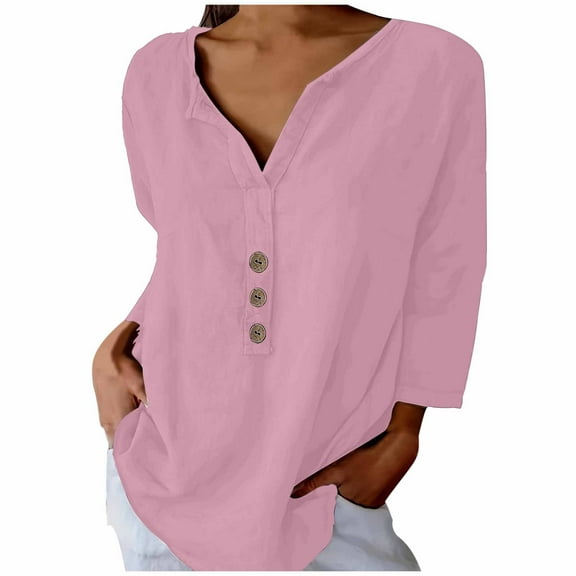 Lovskoo Cotton Linen Summer Tops for Women 2024 V Neck Long Sleeve Loose Slim Solid Color Top Pink