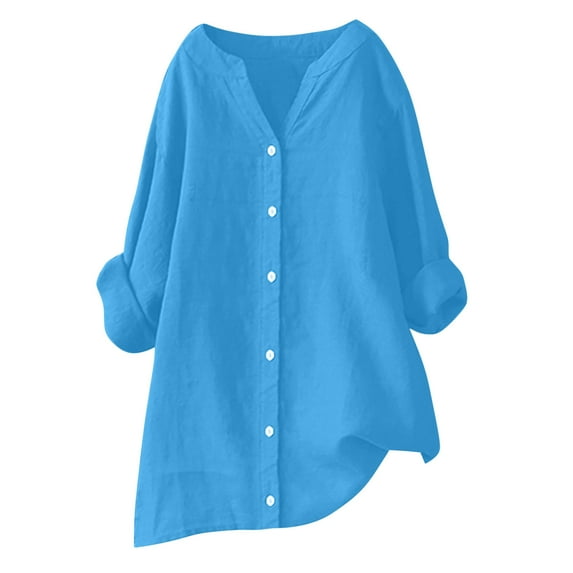 Lovskoo Cotton Linen Summer Tops for Women 2024 V Neck Long Sleeve Solid Color Loose Button Tunic Blouse Blue