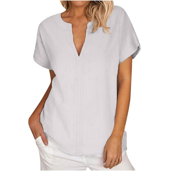 Lovskoo Cotton Linen Summer Tops for Women 2024 V Neck Short Sleeve Classic Solid Color T Shirt Top Shirt Gray