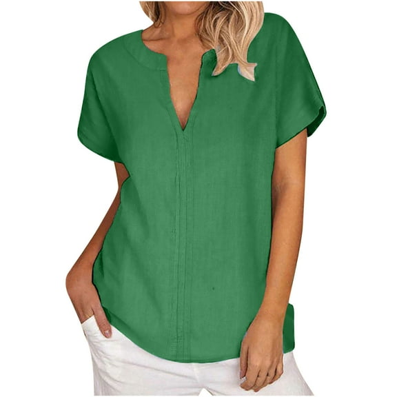 Lovskoo Cotton Linen Summer Tops for Women 2024 V Neck Short Sleeve Classic Solid Color T Shirt Top Shirt Green