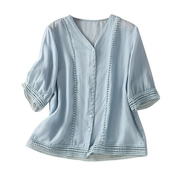 Lovskoo Cotton Linen Summer Tops for Women 2024 V Neck Short Sleeve Solid Color Hollowing Out Tops Shirts Blouse Blue