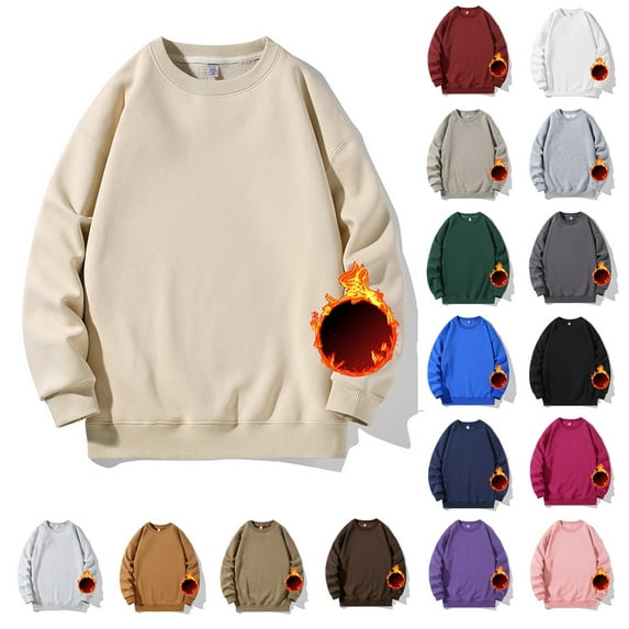 Lovskoo Crewneck Sweatshirts for Men Sport Fleece Lined Solid Basic Jumper Shirt Winter Clothes Long Sleeve Oversized Pullover White
