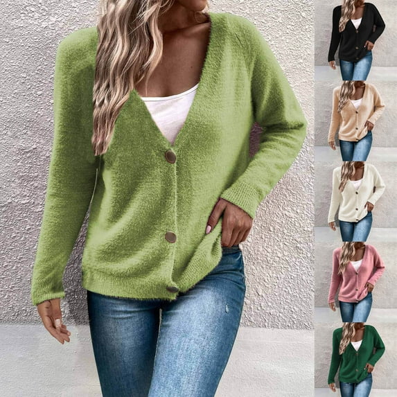 Lovskoo Cropped Cardigan Sweaters for Women Casual Long Sleeve Solid Color Coat Cardigan Blouse Pink