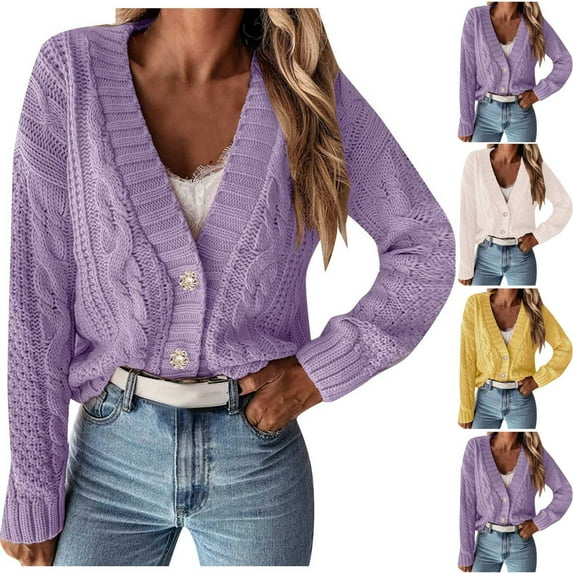Lovskoo Cropped Cardigan Sweaters for Women Open Front Fall Trendy V- Neck Long Sleeve Button Down Casual Blouse Knit Tops Yellow