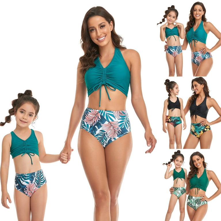 Lovskoo Cute Swimsuits for Girls 2 Piece Swimsuit Parent-Child Ruffles  Ladies Split High Waist Top Tie Swimwear Bikini Set Black