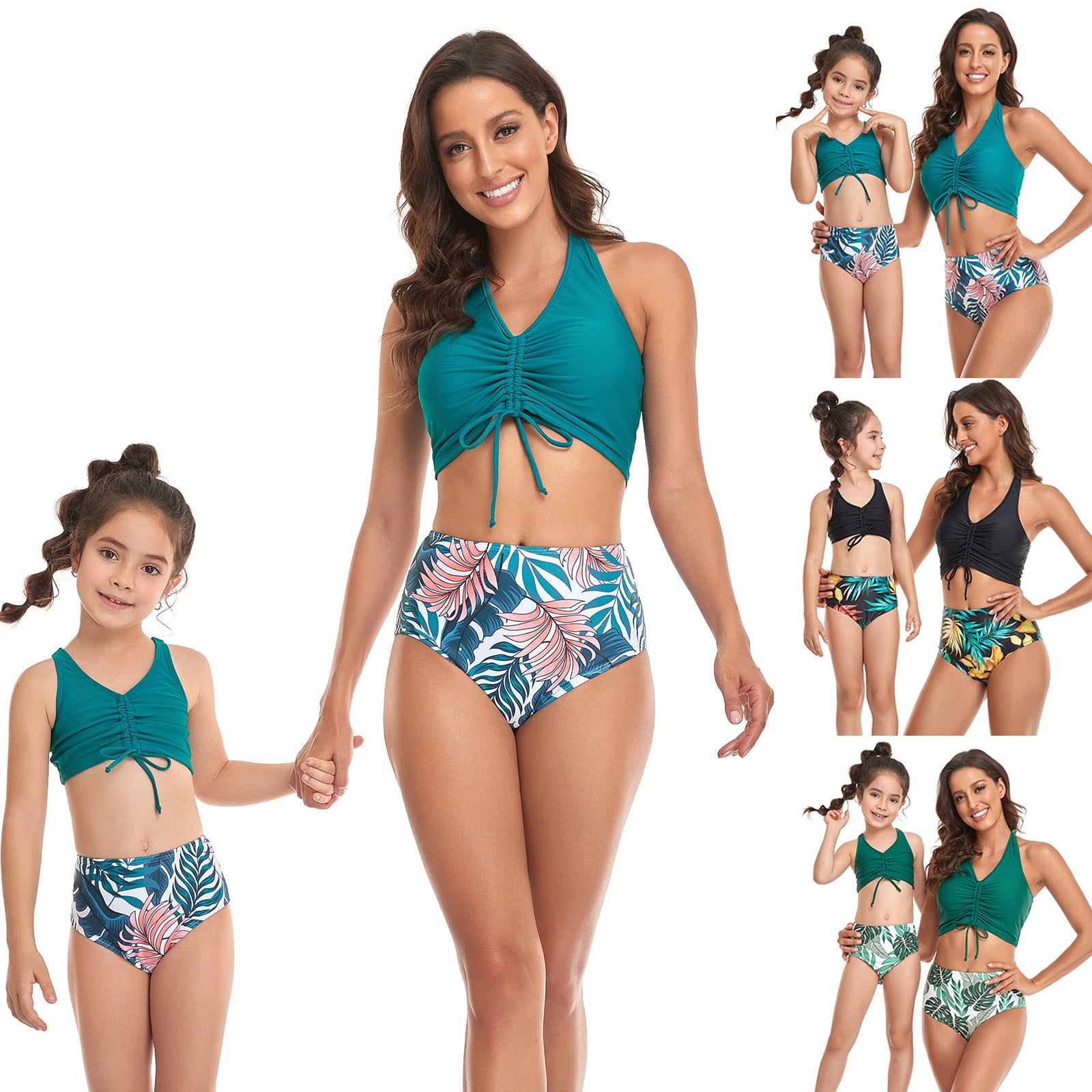 Lovskoo Cute Swimsuits for Girls 2 Piece Swimsuit Parent-Child Ruffles  Ladies Split High Waist Top Tie Swimwear Bikini Set Green