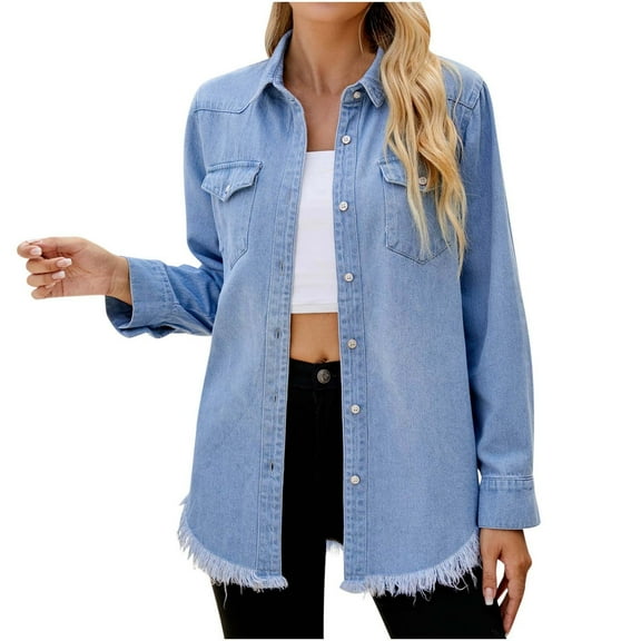Lovskoo Denim Shirt Women Summer Tops Button Down Collared Long Sleeve Solid Color Casual Denim Shirt with Pockets Denim Jacket Lapel Top Shirt Blue