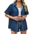 thumbnail image 1 of Lovskoo Denim Shirt Women Summer Tops Button Down Collared Short Sleeve Spring Solid Color Casual Lapel Denim Shirt Dark Blue, 1 of 7