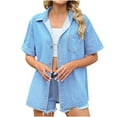 thumbnail image 1 of Lovskoo Denim Shirt Women Summer Tops Button Down Collared Short Sleeve Spring Solid Color Casual Lapel Denim Shirt Light Blue, 1 of 7