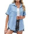 thumbnail image 1 of Lovskoo Denim Shirt Women Summer Tops Button Down Collared Short Sleeve Spring Solid Color Casual Lapel Denim Shirt Light Blue, 1 of 7