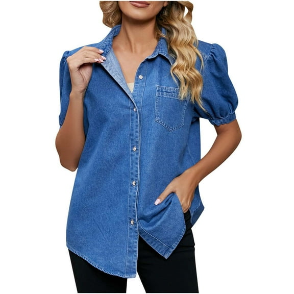 Lovskoo Denim Shirt Women Summer Tops Button Down Collared Short Sleeve Spring Solid Color Casual Lapel Denim Shirt Top Blue