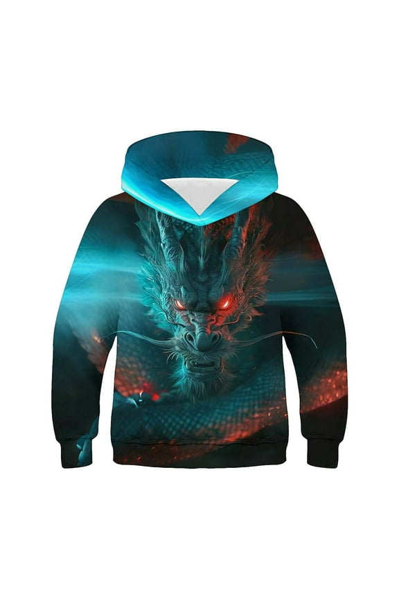 Zwiiyzr Dragon Teen Kids Hoodie Sweatshirt for Boys Long Sleeve Patterned Sweatshirt Hooded Shirt 4-14 Years Sky Blue