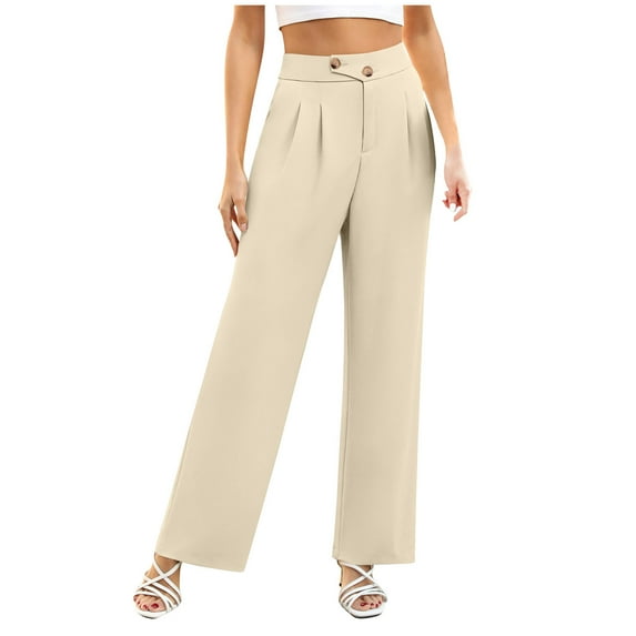 Lovskoo Dress Pants for Women Summer Casual Wide Leg Pants Elastic Waist Solid Color Long Pants with Pocket Beige