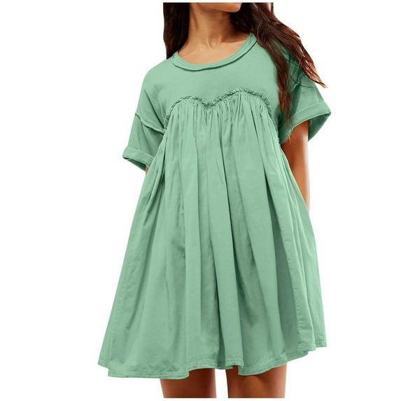 Lovskoo Dress for Women 2024 Babydoll Dresses Short Sleeve Pleated A-Line Dress Cute Summer Trendy Clothes Green