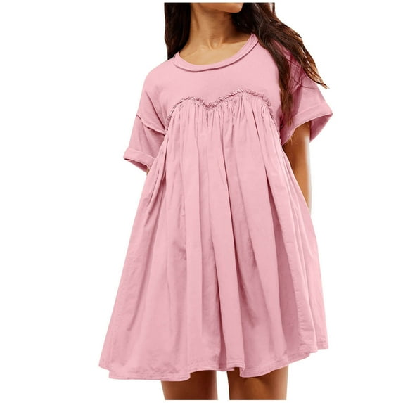 Lovskoo Dress for Women 2024 Babydoll Dresses Short Sleeve Pleated A-Line Dress Cute Summer Trendy Clothes Pink