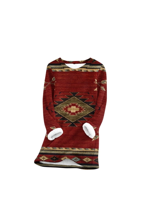 Ethnic Thermal Underwear Long Johns for Women Winter Leisure Fashion Plush Warm Long Sleeve Round Neck Tops J-Multicolor