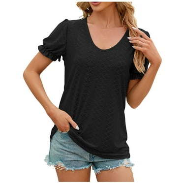 Lovskoo Eyelet Summer Tops for Women 2024 Puff Short Sleeve Trendy Solid Blouse Round Neck T-Shirt Tops Loose Comfy Cute Blouse Black L