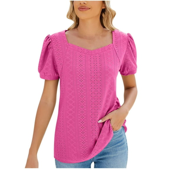Lovskoo Eyelet Summer Tops for Women 2024 Puff Short Sleeve Trendy Solid Color V-Neck Dressy Shirts Loose Blouse Hot Pink L