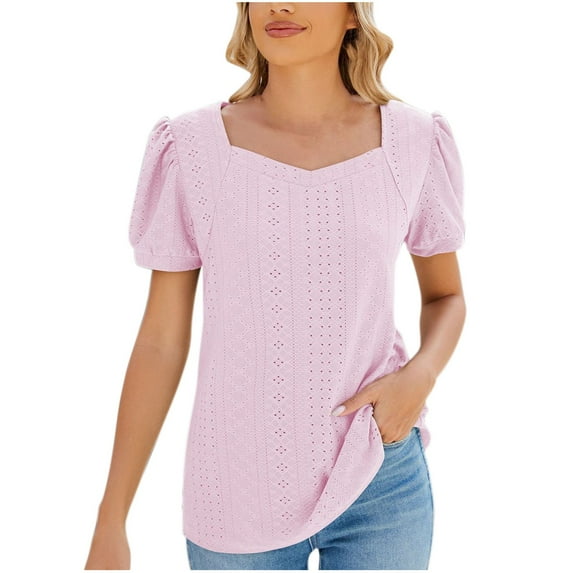 Lovskoo Eyelet Summer Tops for Women 2024 Puff Short Sleeve Trendy Solid Color V-Neck Dressy Shirts Loose Blouse Pink 2XL