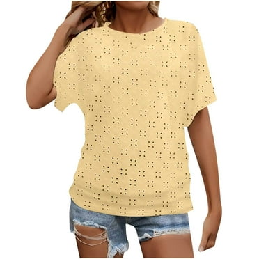 Lovskoo Eyelet Summer Tops for Women 2024 Round Neck Short Sleeve Trendy Solid Color Button Top Shirt Yellow